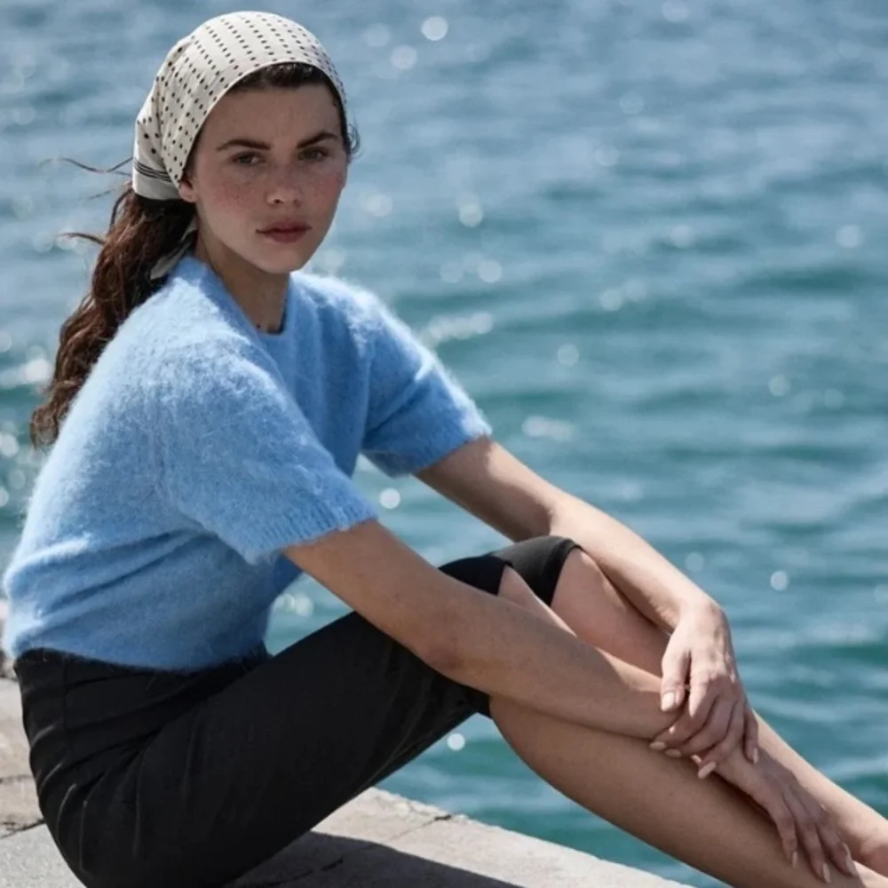 NWT Doen Hearst Alpaca Wool Brushed Puff Short Sleeve Sweater Top Seashore Blue